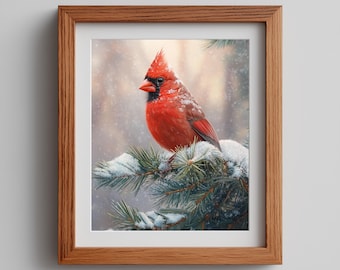 Winter Cardinal Print - Snowy Pine Branch, Vintage Holiday Wall Art (Digital Download)
