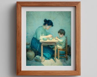 Vintage Mother Child Oil Painting Print – Pastel Impressionist Art (Digital Download)