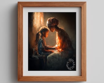 Mother Child Hair Braiding Portrait – Impressionistic Realism, Cozy Family Bond (Digital Download)