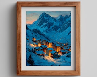 Alpine Village Winter Print – Snowy Cottagecore Landscape (Digital Download)