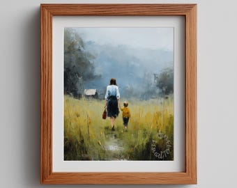 Impressionistic Mother Child Meadow Print – Cottagecore Pastoral Landscape (Digital Download)