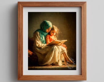 Mother and Child Reading Painting – Cozy Family Scene, Warm Tones (Digital Download)