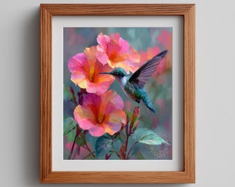 Hummingbird Trumpet Flower Print – Vibrant Tropical Oil Painting (Digital Download)