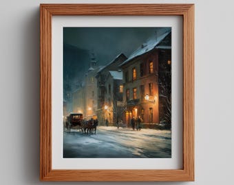 Vintage Snowy Townscape Print, Horse-Drawn Carriage, Winter Art (Digital Download)