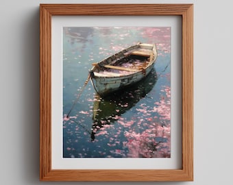 Vintage Rowboat Painting – Serene Lake Scene, Cottagecore Art (Digital Download)