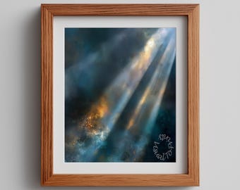 Moody Light Beams Painting – Abstract Mixed Media Wall Art (Digital Download)