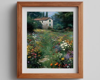 Wildflower Meadow Cottage Landscape Print – Vintage Botanical Art (Digital Download)