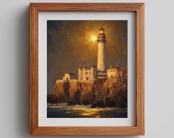Vintage Lighthouse Seascape Print - Moody Coastal Oil Painting (Digital Download)