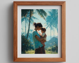 Islander Mother Baby Portrait, Painterly Tropical Wall Art (Digital Download)