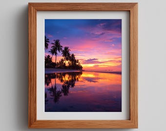 Tropical Beach Sunset Photo, Palm Silhouettes, Coastal Art (Digital Download)