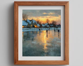 Winter Village Pond Skating Print – Vintage Cottage Scene (Digital Download)