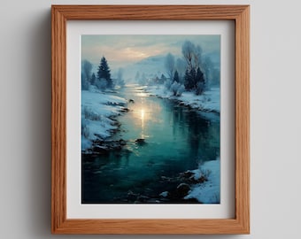 Winter River Oil Painting Print – Moody Snow Forest Waterscape (Digital Download)