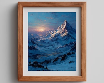 Winter Mountain Sunrise Oil Painting – Printable Alpine Landscape (Digital Download)