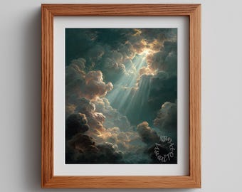 Moody Cloudscape Sunbeams Art Print, Spiritual Light Cross Decor (Digital Download)