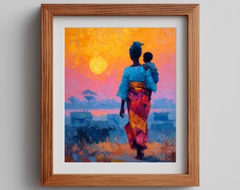 African Sunrise Mother Child Oil Painting – Impressionist Landscape Print (Digital Download)