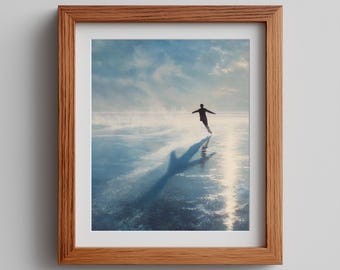 Winter Lake Skating Art Print – Minimalist Oil Painting (Digital Download)