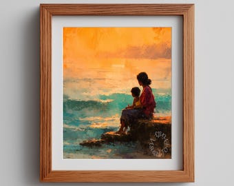 Pacific Islander Mother Child Coastal Art – Serene Sunset Oil Painting (Digital Download)