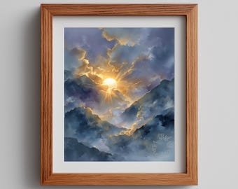 Moody Sunburst Misty Mountains Art Print – Watercolor Celestial Landscape Decor (Digital Download)