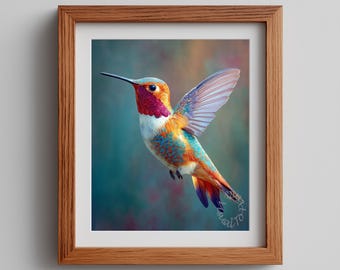 Vibrant Hummingbird Flight Art Print – Oil Painting, Feather Texture Decor (Digital Download)