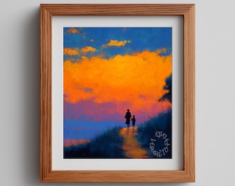 African Sunset Silhouette Print – Mother Child, Moody Landscape Art (Digital Download)