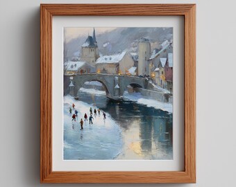 Winter Village Ice Skaters Print - Snowy Riverside Landscape (Digital Download)