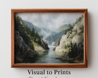 Moody Vintage Forest River Scene – Misty Mountains Landscape Painting (Digital Download)