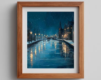 Winter Canal Skaters Oil Painting Print – Moody Cityscape (Digital Download)