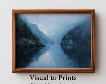 Mountain Lake Oil Painting Print – Misty Dawn Reflections, Tranquil Cabin Artwork (Digital Download)