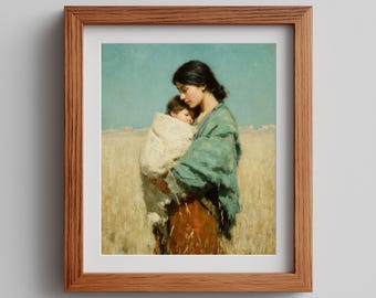 Mother and Child Oil Painting Print – Rustic Impressionist Style, Cozy Nursery Decor (Digital Download)