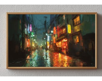 Moody Tokyo Streetscape Frame TV Art, Neon Rainy Cityscape (Digital Download)