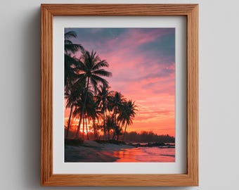 Tropical Sunset Beach Photograph - Pink Orange Palm Silhouette (Digital Download)