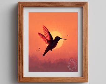 Hummingbird Silhouette Sunset Print – Modern Minimalist Nature Art (Digital Download)