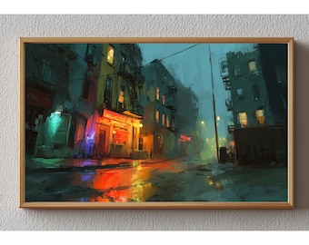 Moody Brooklyn Alley Art, Gestural Sketch, Neon Reflections (Digital Download)