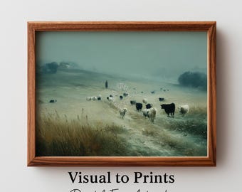 Misty Pastoral Landscape Print – Moody Farmhouse Autumn Art (Digital Download)