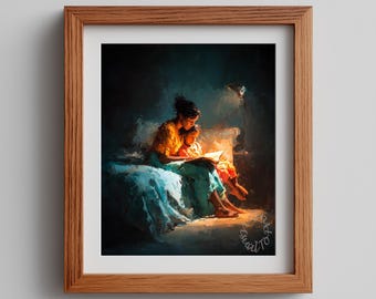 Cozy Bedtime Story Painting – Mother Child Reading, Vintage Winter Art (Digital Download)