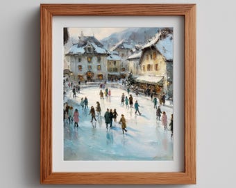 Vintage Ice Skating Scene Print – European Village Winter Wall Art (Digital Download)