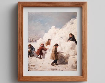 Vintage Kids Snowball Fight Print - Cozy Winter Scene (Digital Download)
