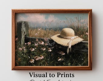 Vintage Sunhat Meadow Scene Print – Cottagecore Pastoral Wall Decor (Digital Download)