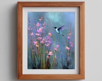 Moody Hummingbird Blossom Field Art – Abstract Nature Print (Digital Download)