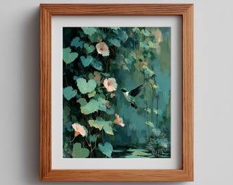 Moody Garden Hummingbird Art Print – Botanical Watercolor Painting (Digital Download)