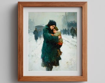 Vintage Russian Mother Child Snowy Street Oil Painting – Somber Winter Scene (Digital Download)