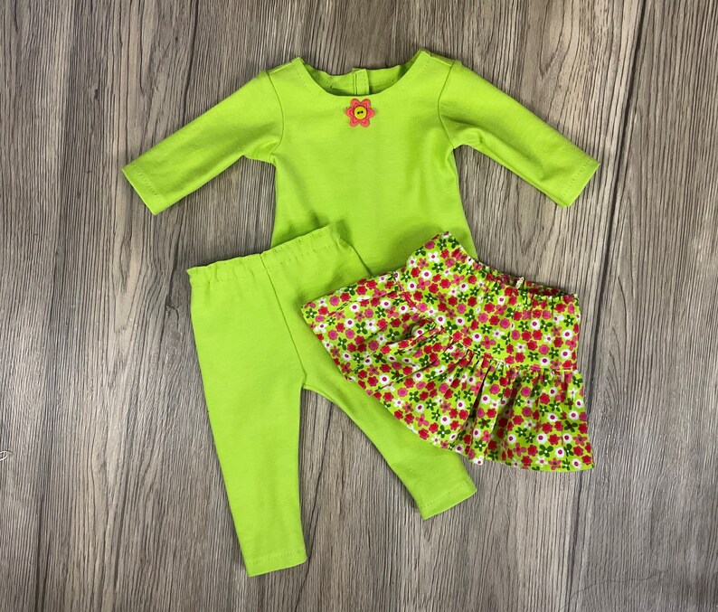 Made For 18 Inch Dolls Like American Girl Corduroy Floral Print Skirt, Tee Shirt, Leggings 3 Piece Set image 6