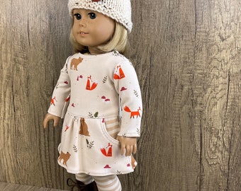 18 Inch Doll Clothes Tee Shirt Dress Leggings Knitted Hat Forest Animals Stripes Fits American Girl