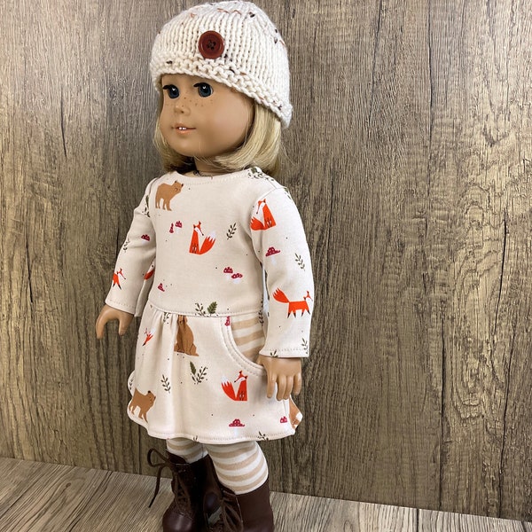 18 Inch Doll Clothes Tee Shirt Dress Leggings Knitted Hat Forest Animals Stripes Fits American Girl