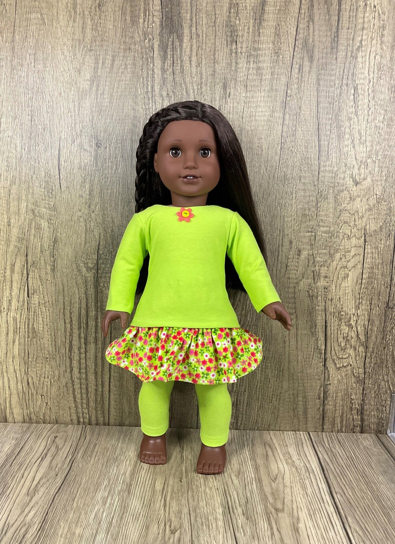 Made For 18 Inch Dolls Like American Girl Corduroy Floral Print Skirt, Tee Shirt, Leggings 3 Piece Set image 2