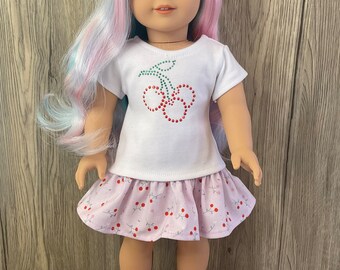 2 Piece Set Handmade to Fit American Girl 18 Inch Dolls Cherries Tee Shirt and Ruffled Skirt