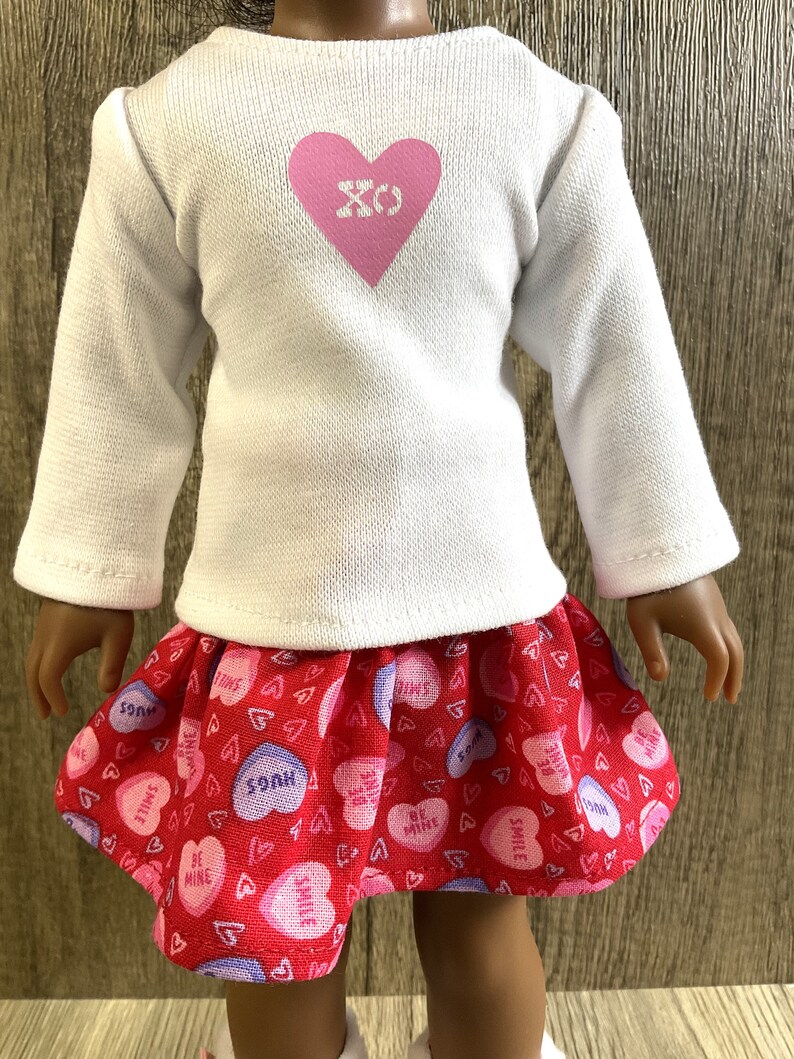 Valentine Conversation Hearts Tee and Skirt Fits 14.5 Dolls Like Welliwishers Red Pink and White image 2