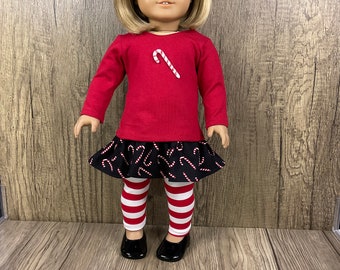 Made For 18 Inch Dolls Like American Girl Candy Cane Print Skirt, Tee Shirt, Leggings 3 Piece Set