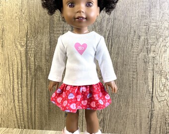 Valentine Conversation Hearts Tee and Skirt Fits 14.5" Dolls Like Welliwishers Red Pink and White