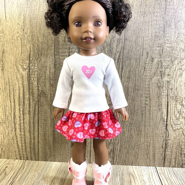 Valentine Conversation Hearts Tee and Skirt Fits 14.5" Dolls Like Welliwishers Red Pink and White